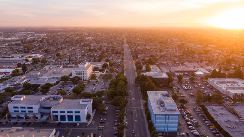 Sunset aerial view of downtown Downey