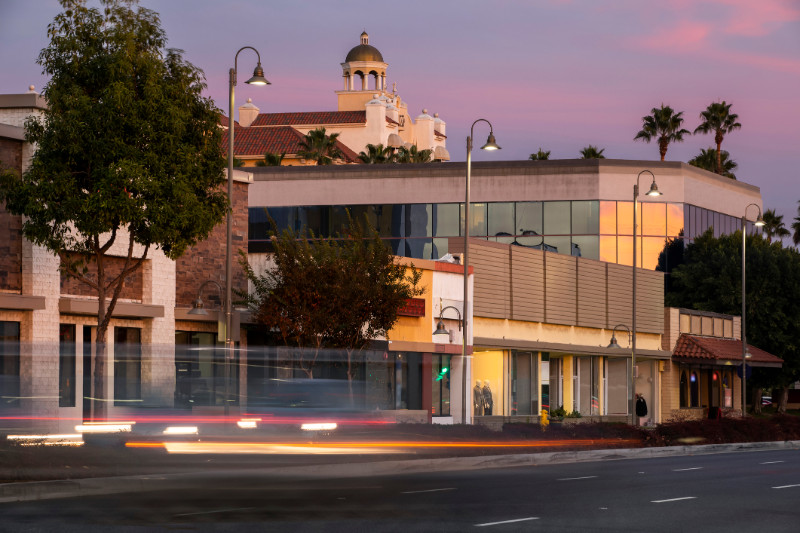 Twilight view of the downtown skyline of Downey